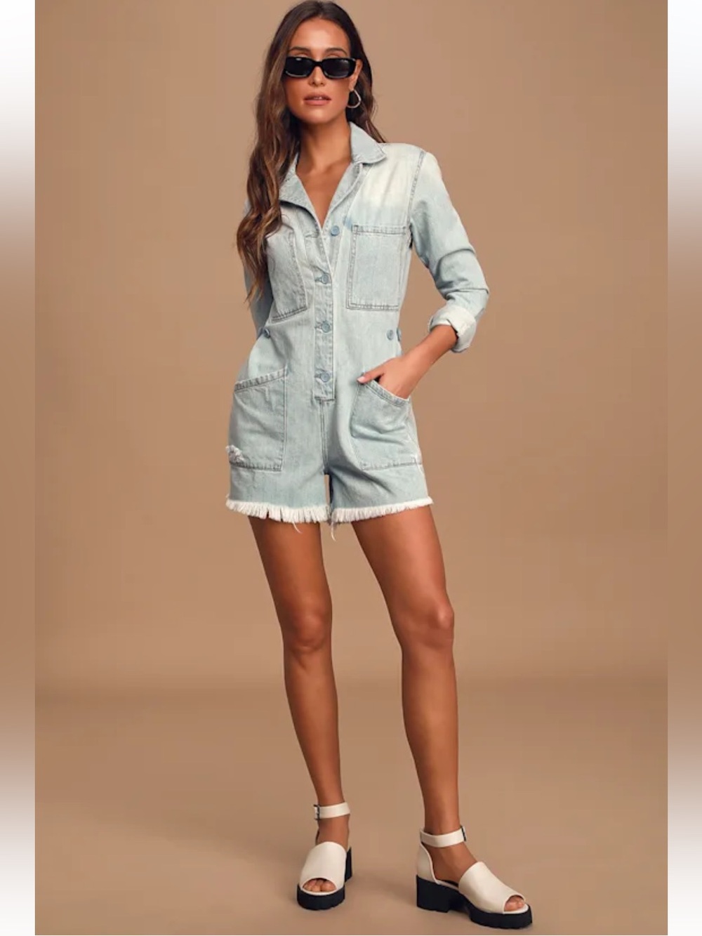 Pistola Freda Light Wash Denim Long Sleeve Button-Up Romper size Small